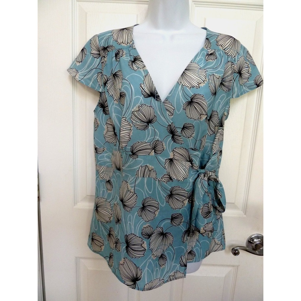 Ann Taylor Loft Wrap Blouse Sz 10 Blue Floral Flutter Sleeve Side Tie Office